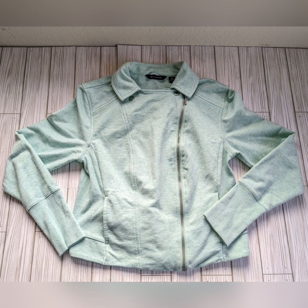 H by Halston Cotton French Terry Moto Jacket in Light Turquoise Size 10 - Picture 2 of 11